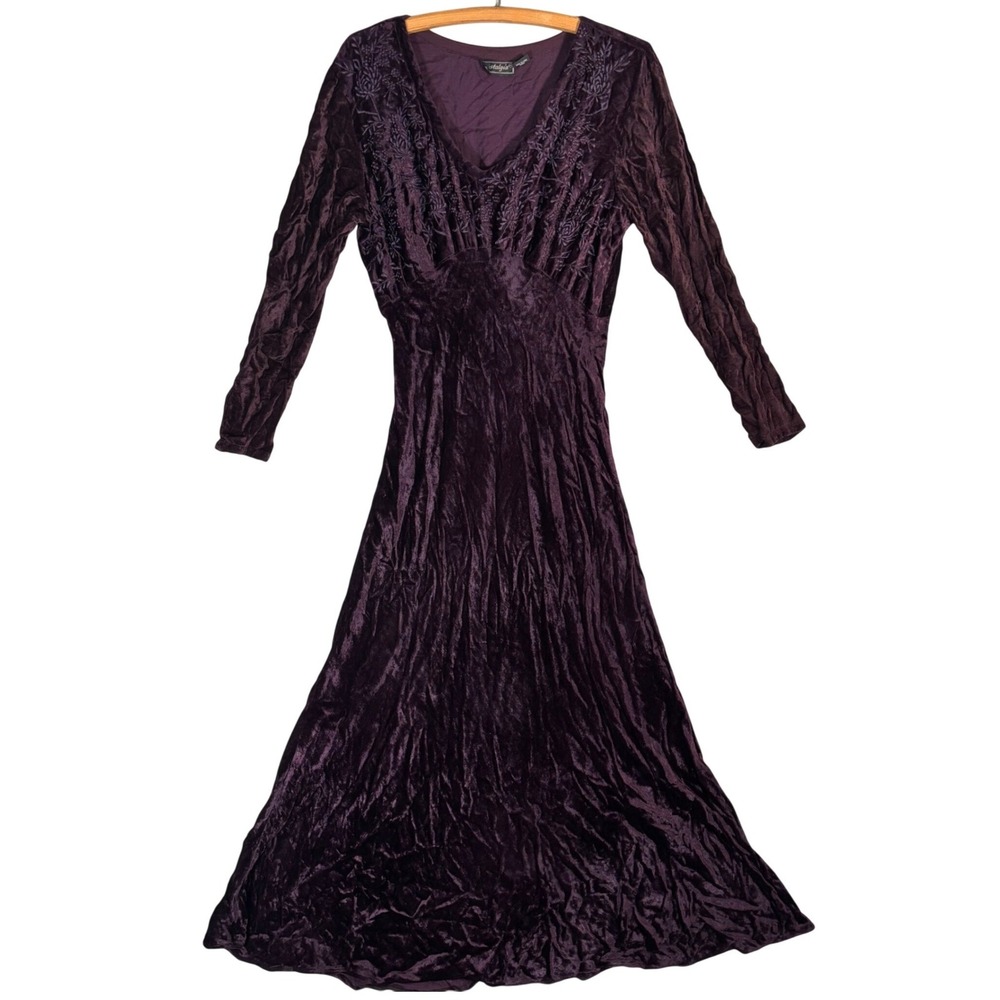 Vntg Nostalgia Plum Purple Velvet Embroidered Maxi Dress Fits M Y2K Goth Grunge